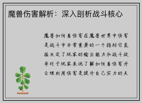 魔兽伤害解析：深入剖析战斗核心